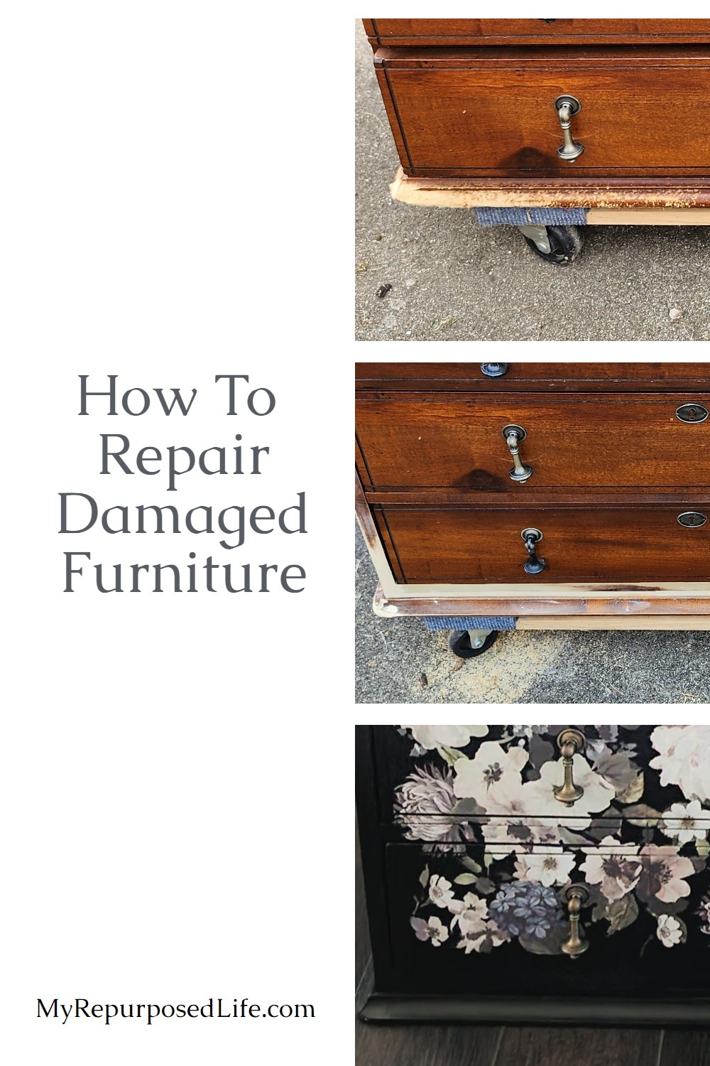 In this article, you will get tips for repairing wooden furniture without Bondo. A dog chewed the bottom and the top of this nightstand. The after is stunning. via @repurposedlife