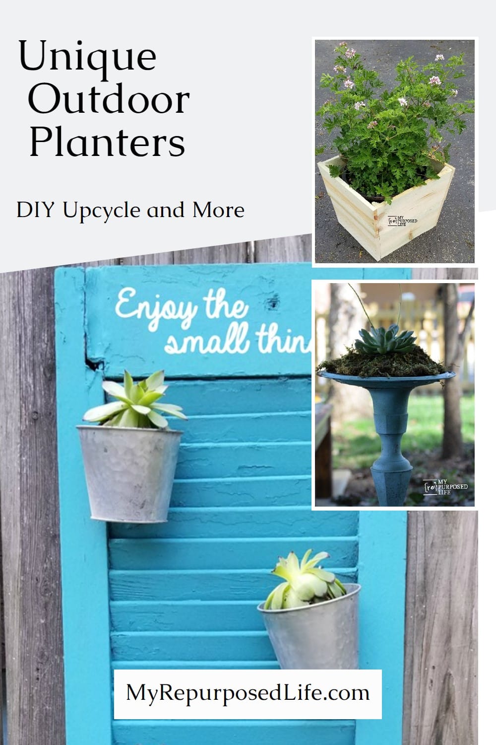 A comprehensive list of outdoor planters to spur your imagination and to think outside the "planter" box. Upcycle and DIY tips for your space. via @repurposedlife