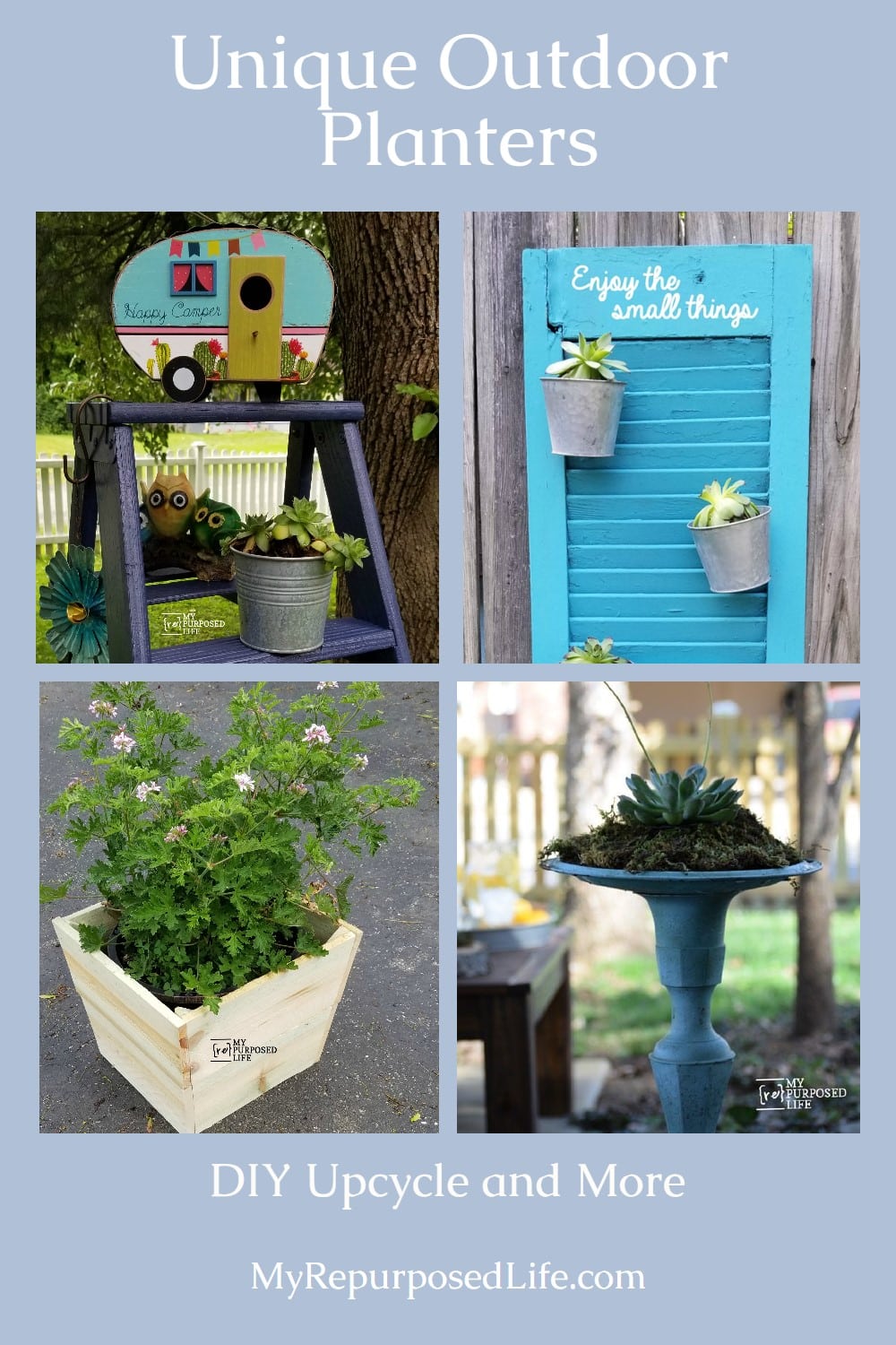 A comprehensive list of outdoor planters to spur your imagination and to think outside the "planter" box. Upcycle and DIY tips for your space. via @repurposedlife