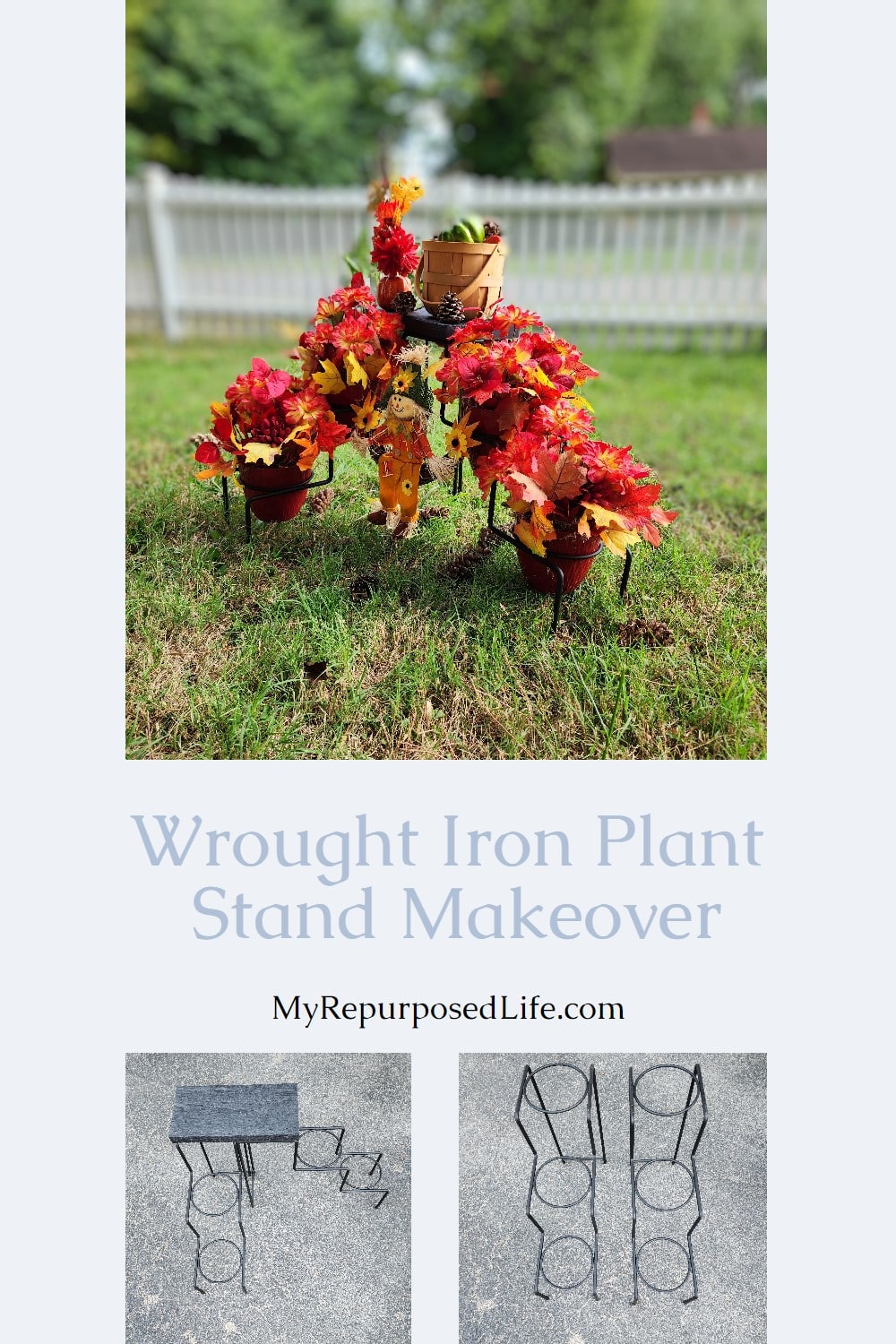A unique three tier wrought iron plant stand gets a makeover for Fall. Adding or removing a shelf allows 4 to 6 flower pots to be displayed. via @repurposedlife