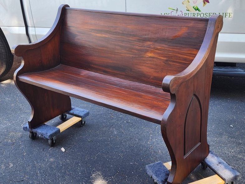 antique pew with new dark walnut gel stain