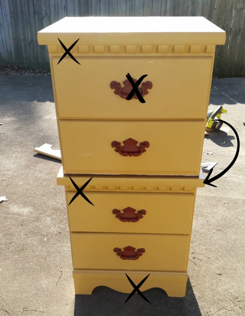 stacked yellow nightstands with x's and arrow to show its new design