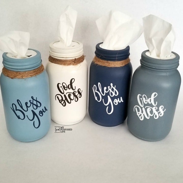 light blue, white, dark blue, gray mason jar tissue holders