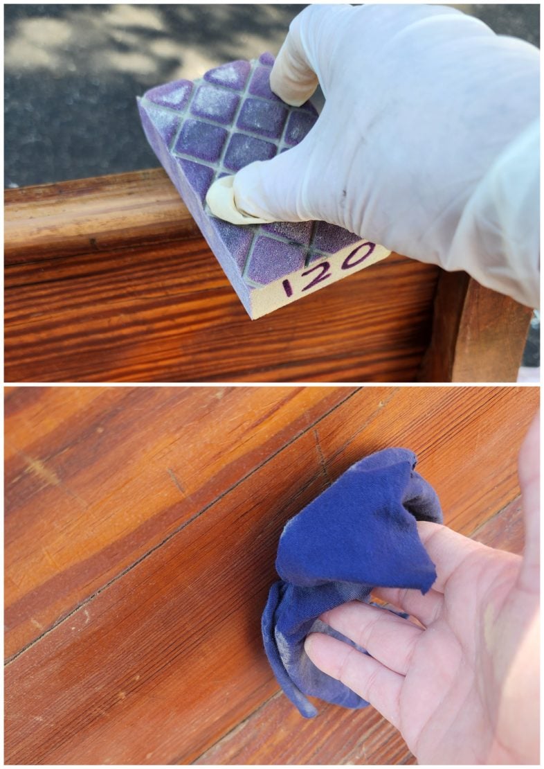 sanding the pew with a sanding sponge