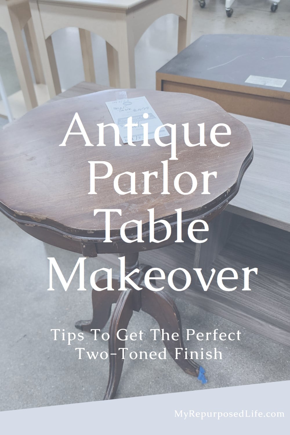 Furniture flipper shares the perfect makeover of a small parlor side table. Tips for getting a great two-toned paint line. Beautiful results. via @repurposedlife