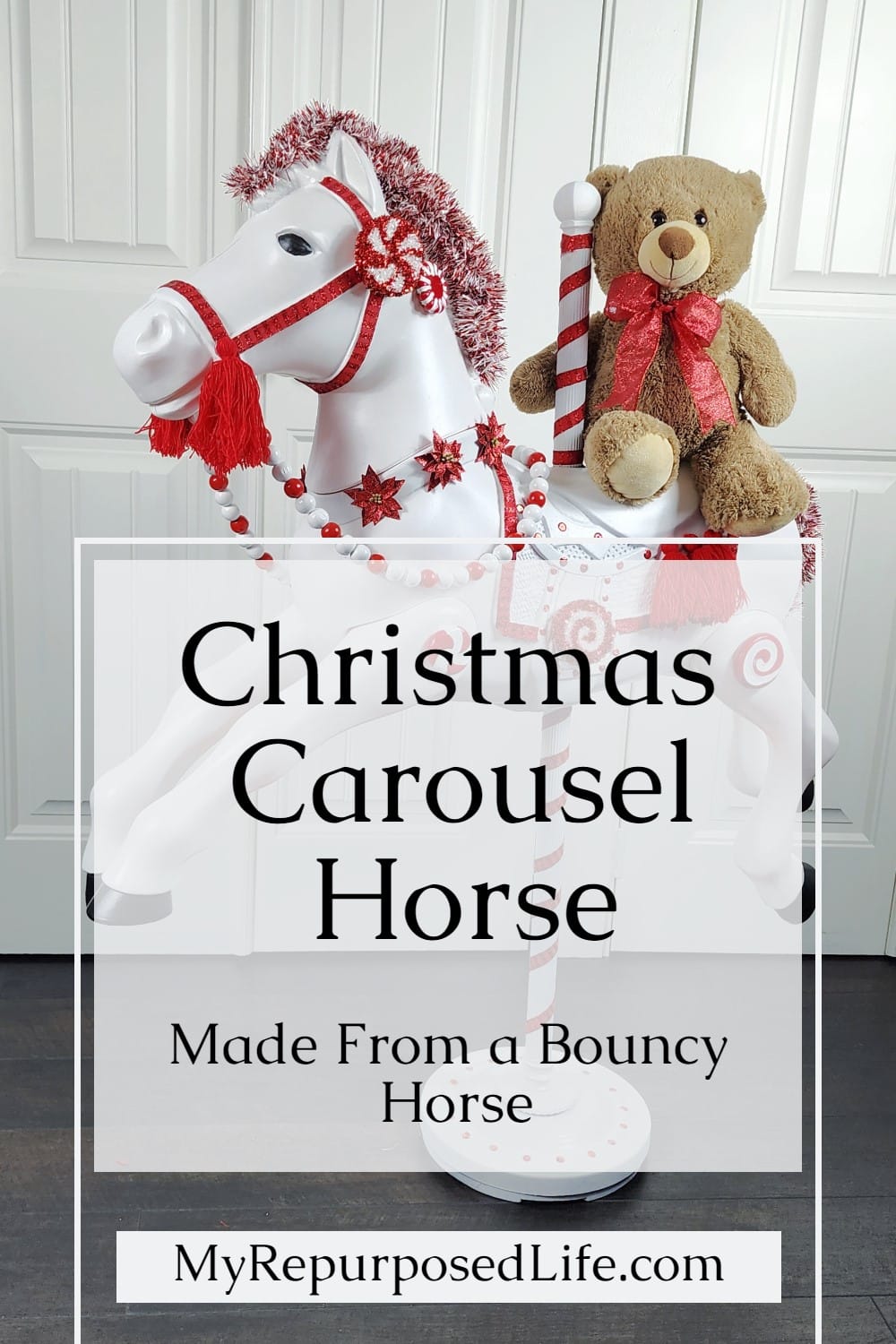 A dumpster find, a bouncy horse becomes a Christmas Carousel Horse. Step by step directions to upcycle a kid's spring rocking horse. via @repurposedlife