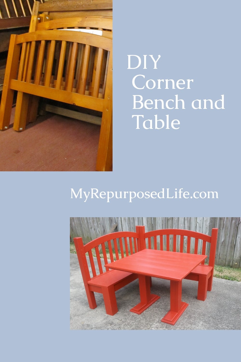 How to make a kid friendly corner table bench out of two daybed pieces. Step by step instructions will show you how to make your very own corner bench. #MyRepurposedLife #repurposed #cornerbench #headboard via @repurposedlife