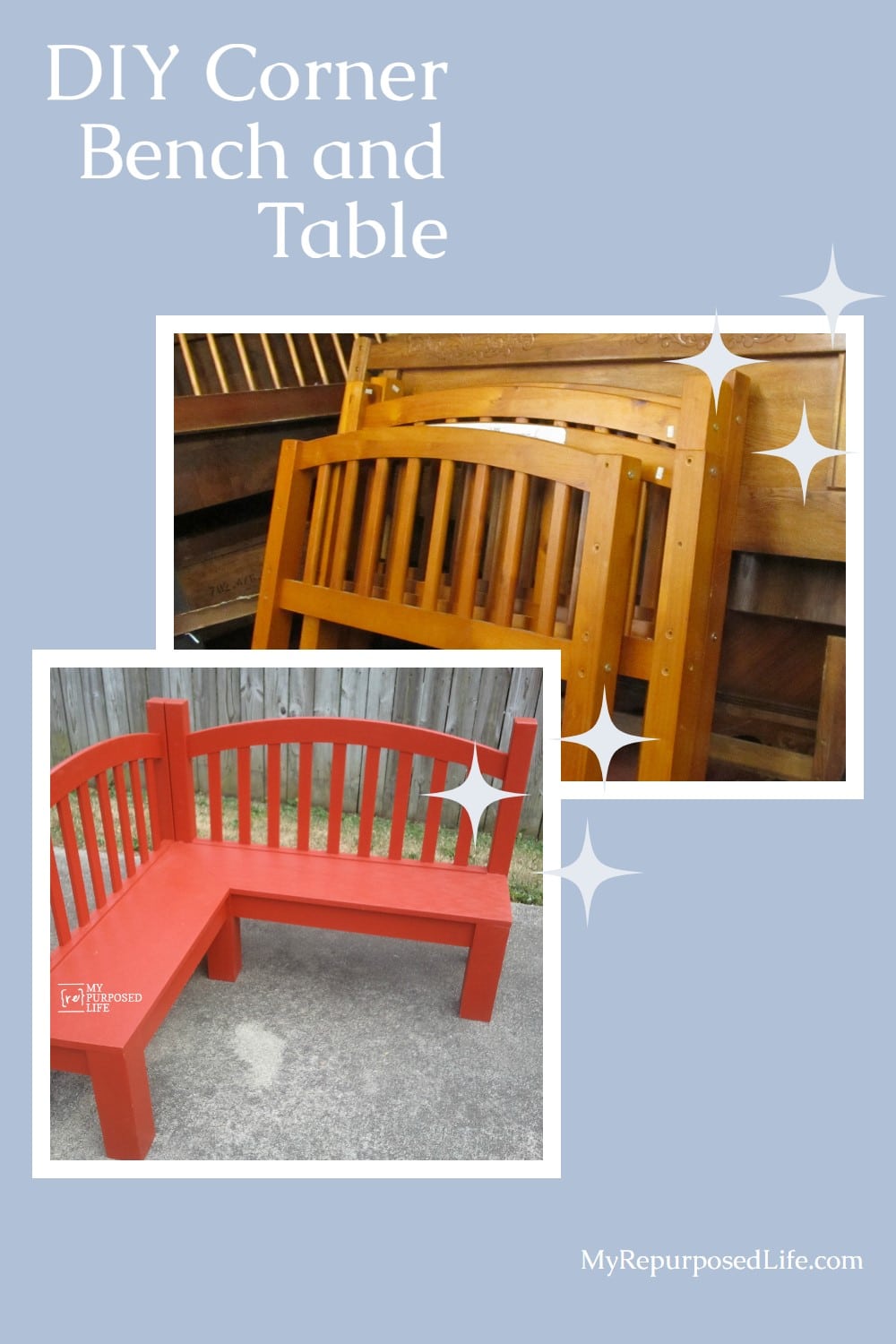 How to make a kid friendly corner table bench out of two daybed pieces. Step by step instructions will show you how to make your very own corner bench. #MyRepurposedLife #repurposed #cornerbench #headboard via @repurposedlife