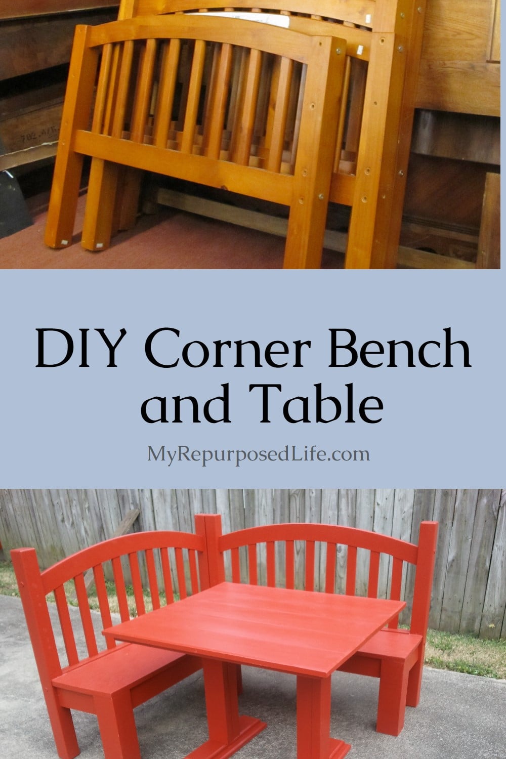 How to make a kid friendly corner table bench out of two daybed pieces. Step by step instructions will show you how to make your very own corner bench. #MyRepurposedLife #repurposed #cornerbench #headboard via @repurposedlife