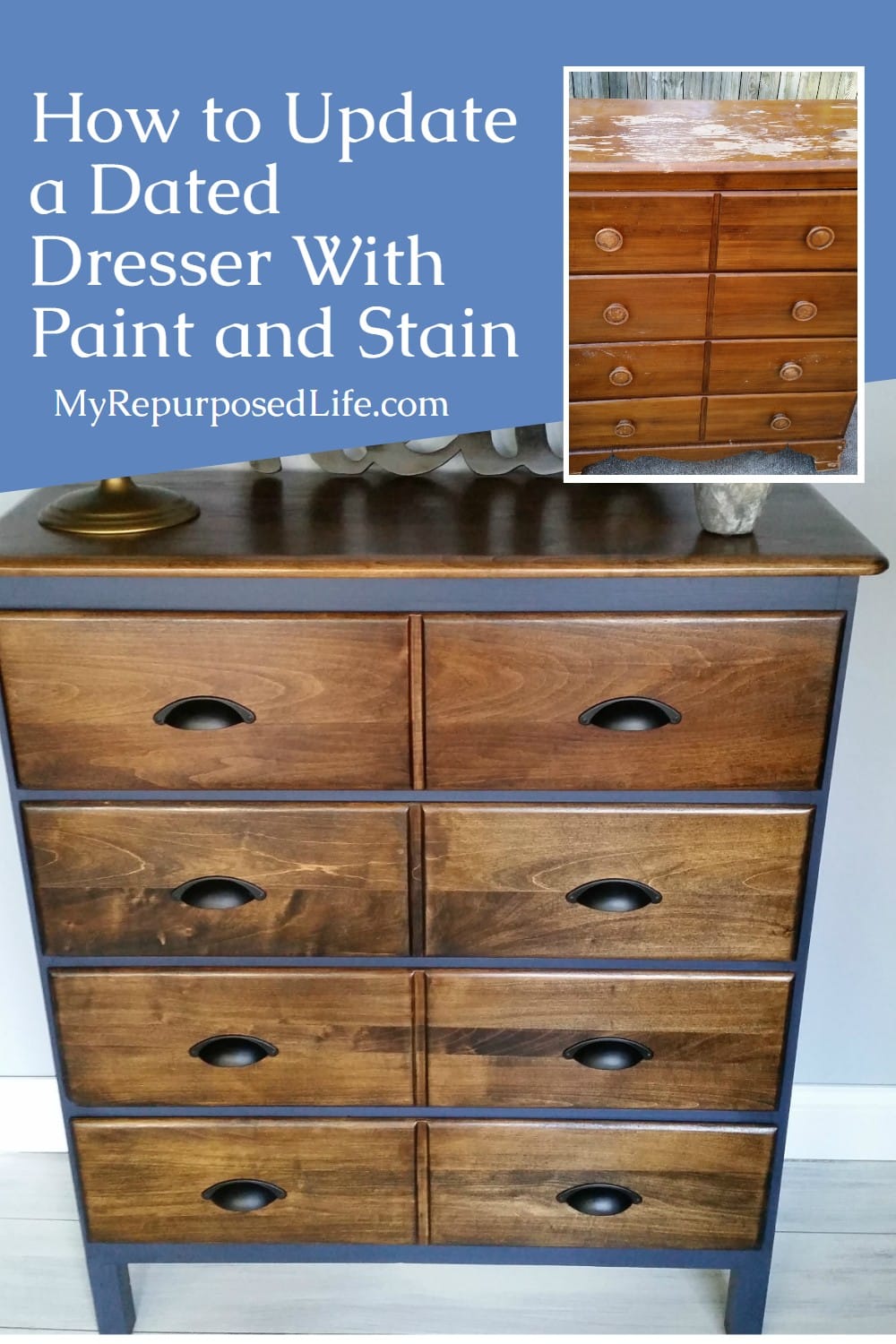How to update a dresser using old furniture. Removing the front trim helps to modify the look of this vintage dresser. Photo tutorial included. #MyRepurposedLife #repurposed #furniture #update #dresser #modern via @repurposedlife