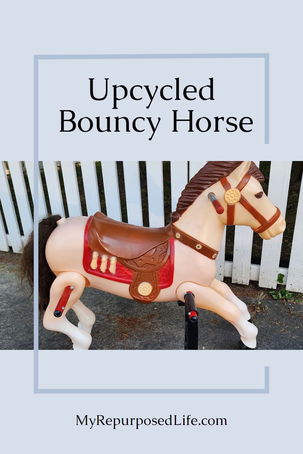A dumpster find, a bouncy horse becomes a Christmas Carousel Horse. Step by step directions to upcycle a kid's spring rocking horse. via @repurposedlife