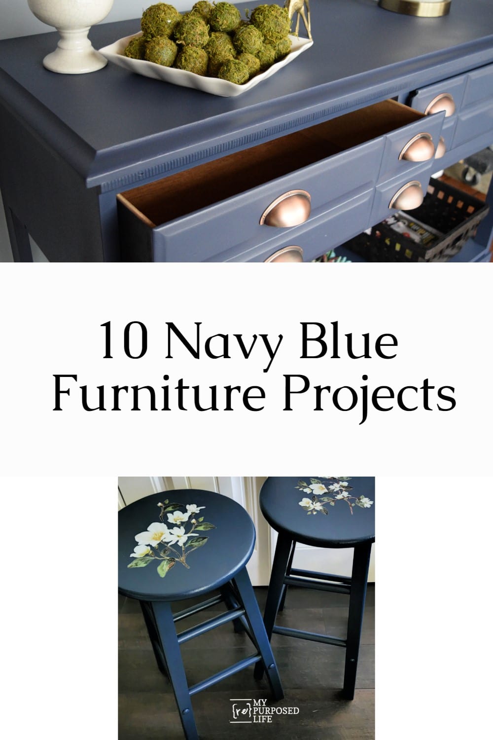 This collection of navy blue furniture will have you searching for that perfect piece to paint! Is dark blue the new black? via @repurposedlife