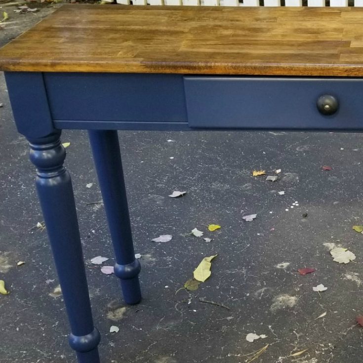 navy blue sofa table with stained top