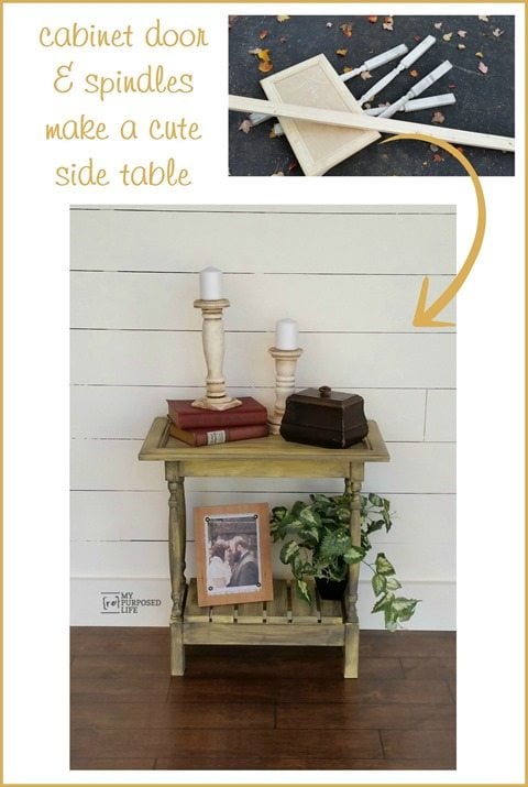 cabinet-door-side-table A cabinet door, spindles and scrap wood make a cute side table. Great project for a beginner