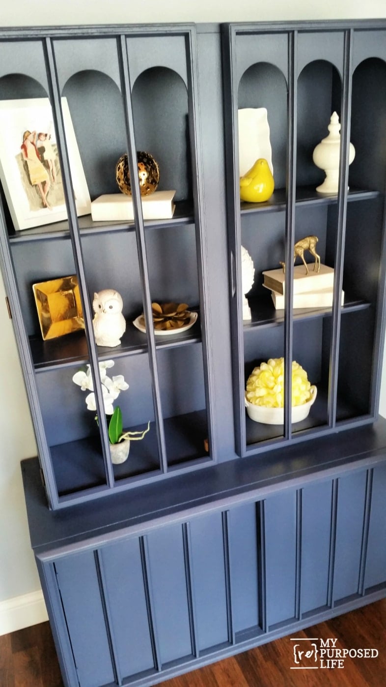 navy blue mid century modern thrift store hutch makeover MyRepurposedLife.com
