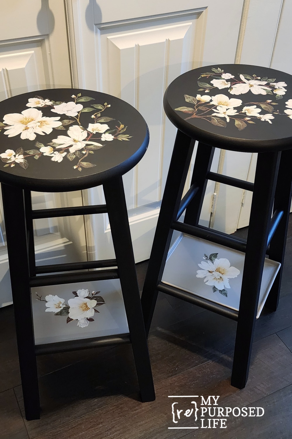 bar stools turned into nightstands for a small master bedroom