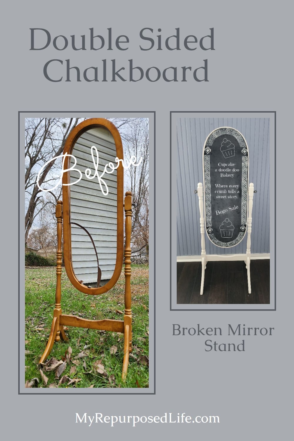 How to recycle a Cheval Mirror into a double sided chalkboard, use as a sandwich board. via @repurposedlife