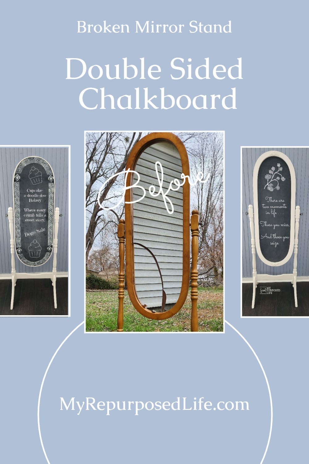 How to recycle a Cheval Mirror into a double sided chalkboard, use as a sandwich board. via @repurposedlife