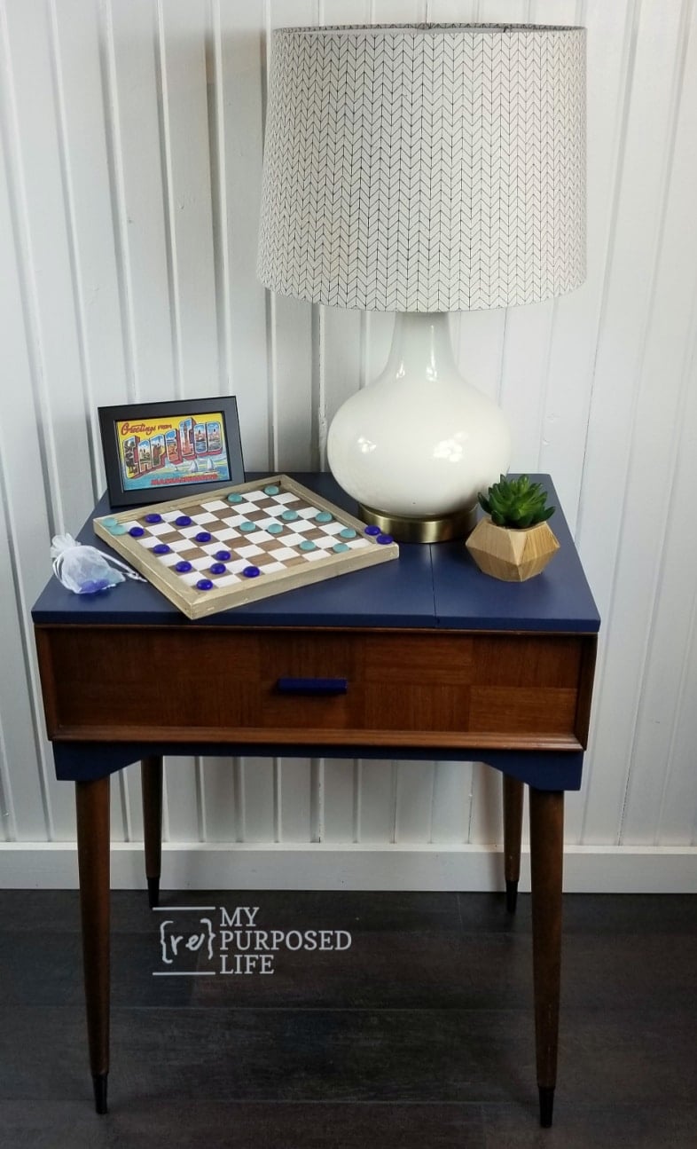 pretty navy blue mid century modern sewing cabinet makeover MyRepurosedLife