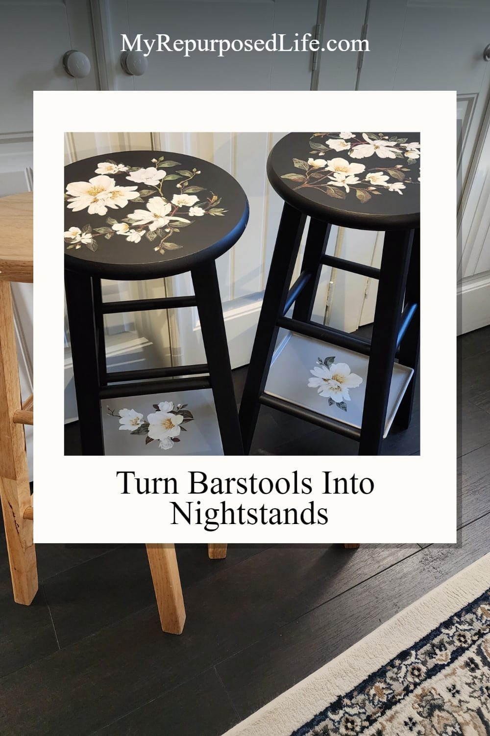 Create space for nightstands in a Queen-sized bed by upcycling bar stools. Learn how to transform bar stools into nightstands! via @repurposedlife