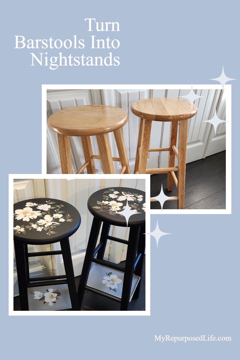 Create space for nightstands in a Queen-sized bed by upcycling bar stools. Learn how to transform bar stools into nightstands! via @repurposedlife