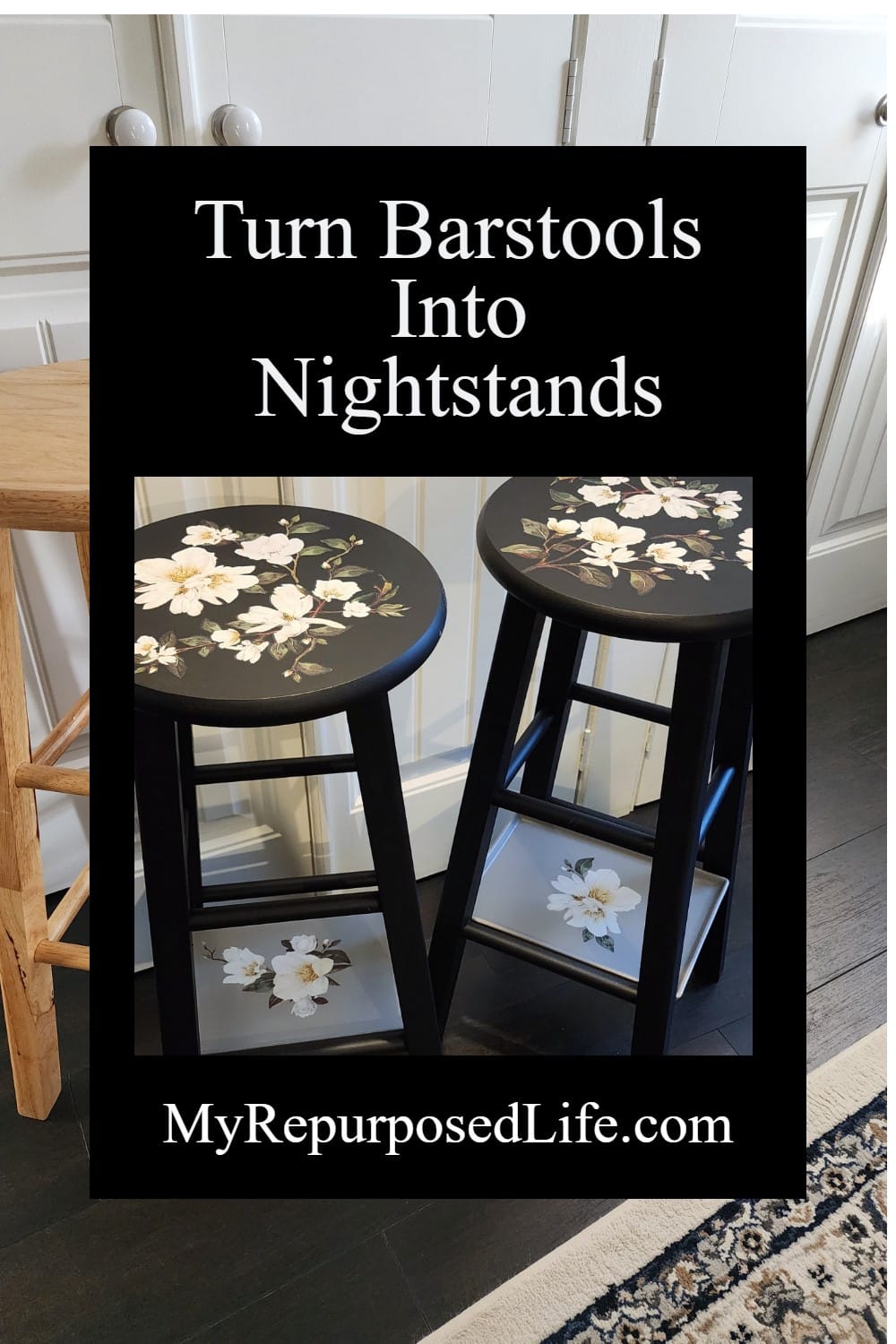 Create space for nightstands in a Queen-sized bed by upcycling bar stools. Learn how to transform bar stools into nightstands! via @repurposedlife