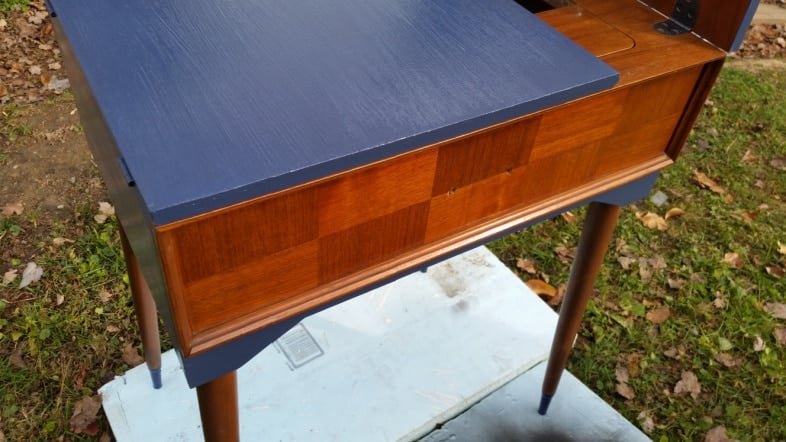 two toned navy blue sewing cabinet