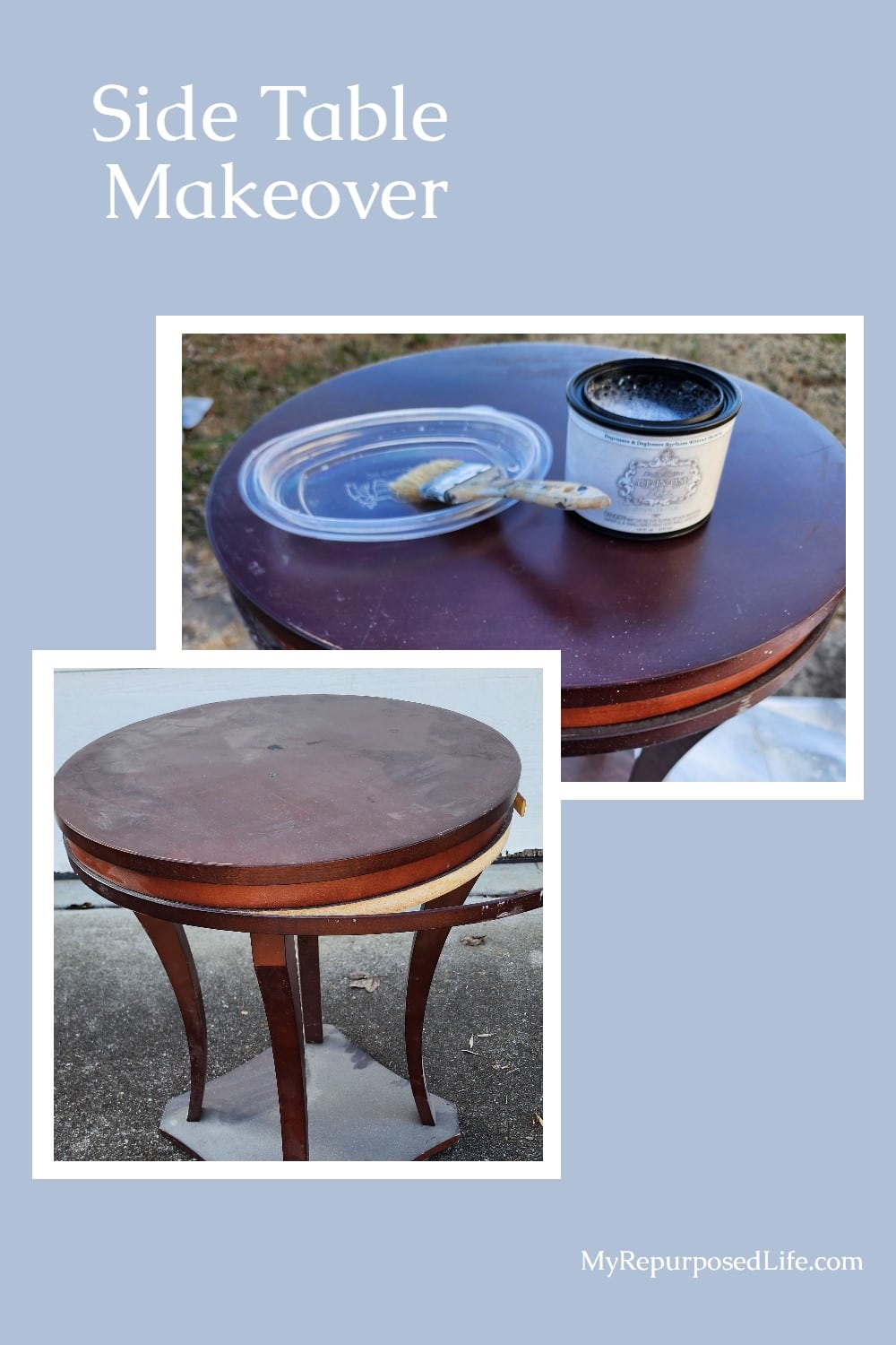 Thrifty round side table makeover. Tips for repairing and painting a damaged table. via @repurposedlife