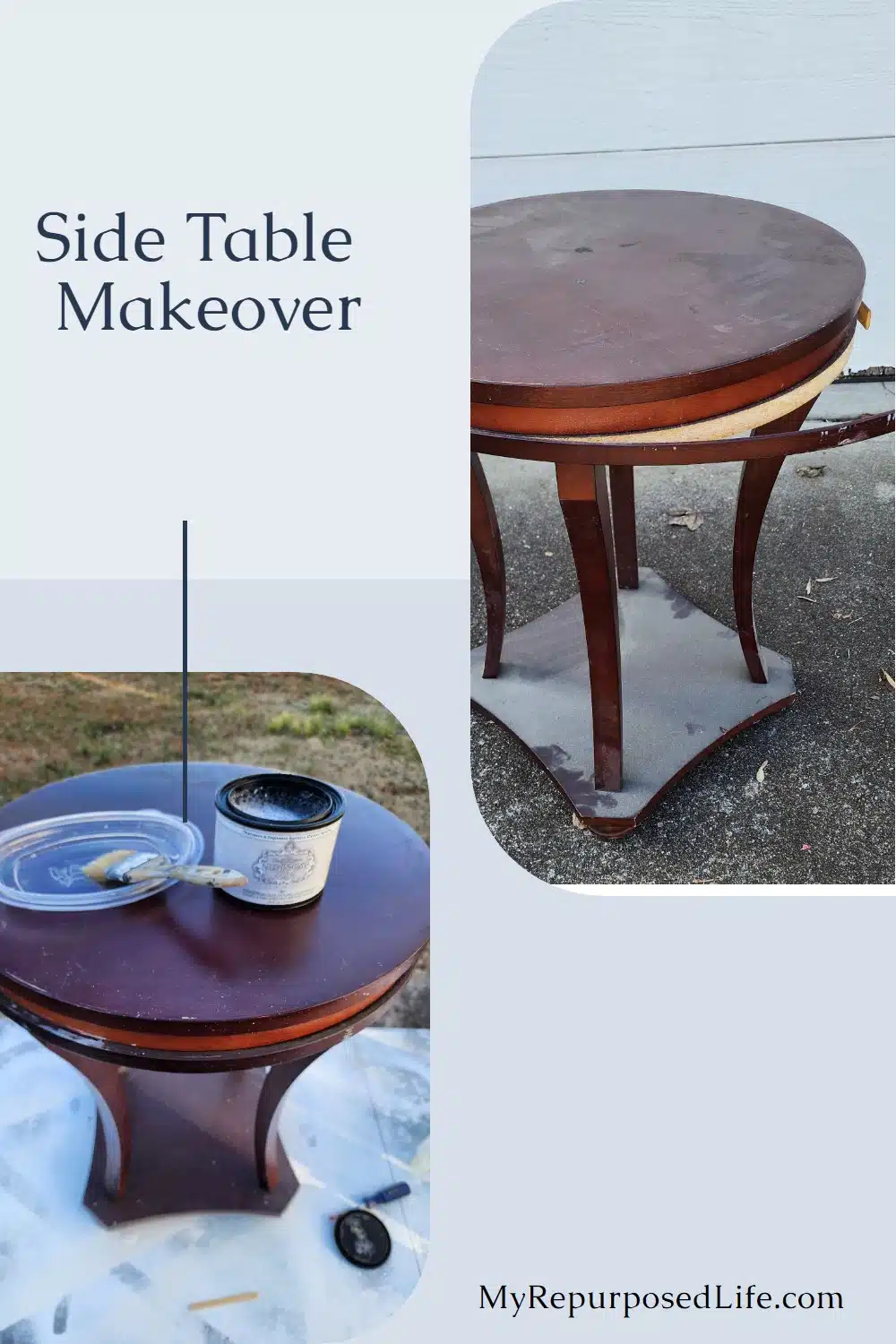 Thrifty round side table makeover. Tips for repairing and painting a damaged table. via @repurposedlife