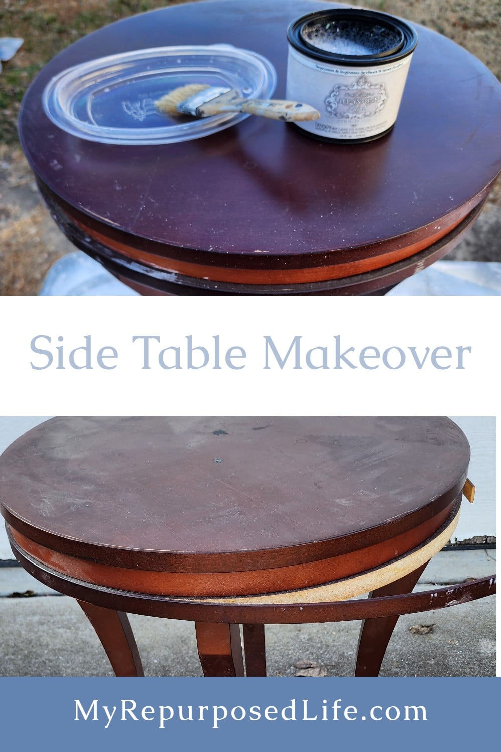 Thrifty round side table makeover. Tips for repairing and painting a damaged table. via @repurposedlife