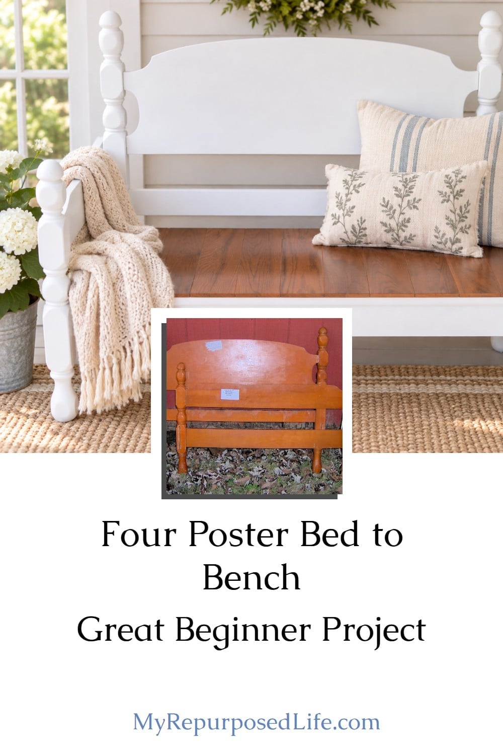 How to make a headboard bench from a small four poster bed. This is one of the easiest ways ever to make a headboard bench. Perfect for beginners. #MyRepurposedLife #headboard #bench via @repurposedlife