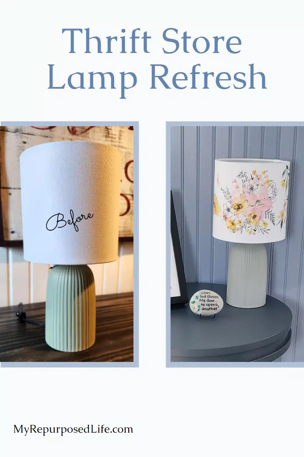 This thrift store lamp refresh project is simple and easy to do with a quick paint job and a rub-on transfer. Turn your old lamp into something you love. via @repurposedlife