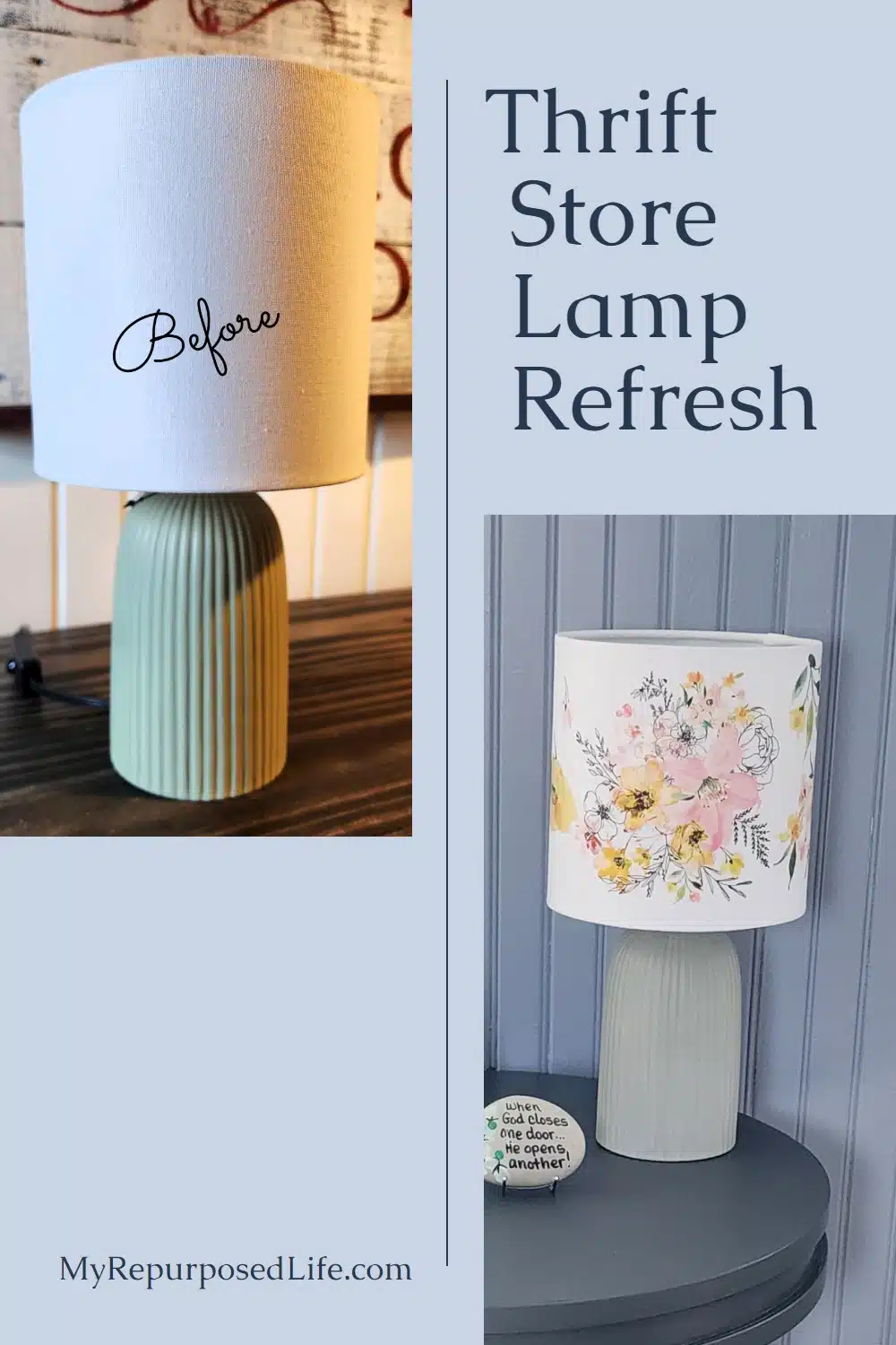 This thrift store lamp refresh project is simple and easy to do with a quick paint job and a rub-on transfer. Turn your old lamp into something you love. via @repurposedlife