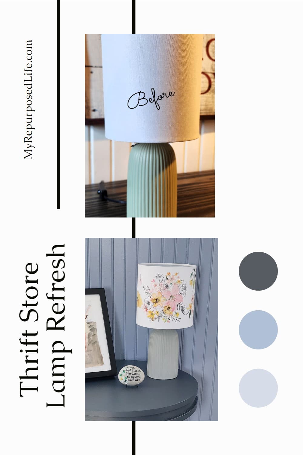 This thrift store lamp refresh project is simple and easy to do with a quick paint job and a rub-on transfer. Turn your old lamp into something you love. via @repurposedlife