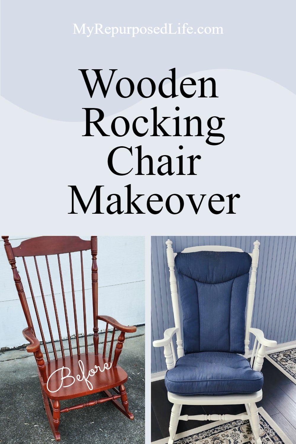 An outdated wooden rocking chair gets a fresh new look with white paint. Bonus projects from the Furniture Fixer Upper Team. via @repurposedlife