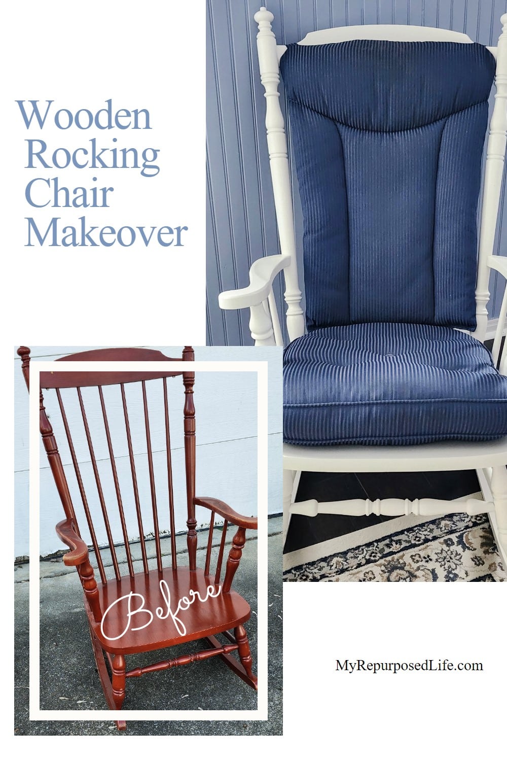 An outdated wooden rocking chair gets a fresh new look with white paint. Bonus projects from the Furniture Fixer Upper Team. via @repurposedlife