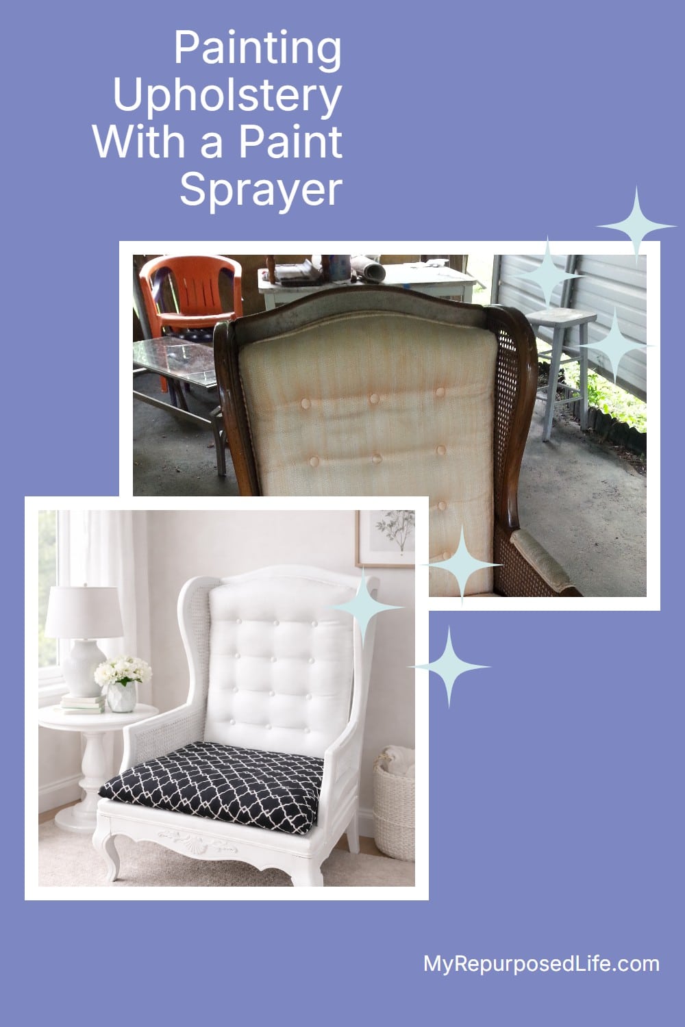 A five dollar yard sale chair gets a new chance using a paint sprayer and paint. Don't throw it out, update it. via @repurposedlife