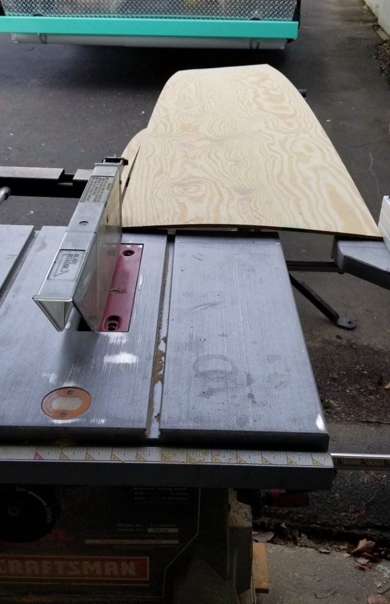 thin plywood laying on a table saw
