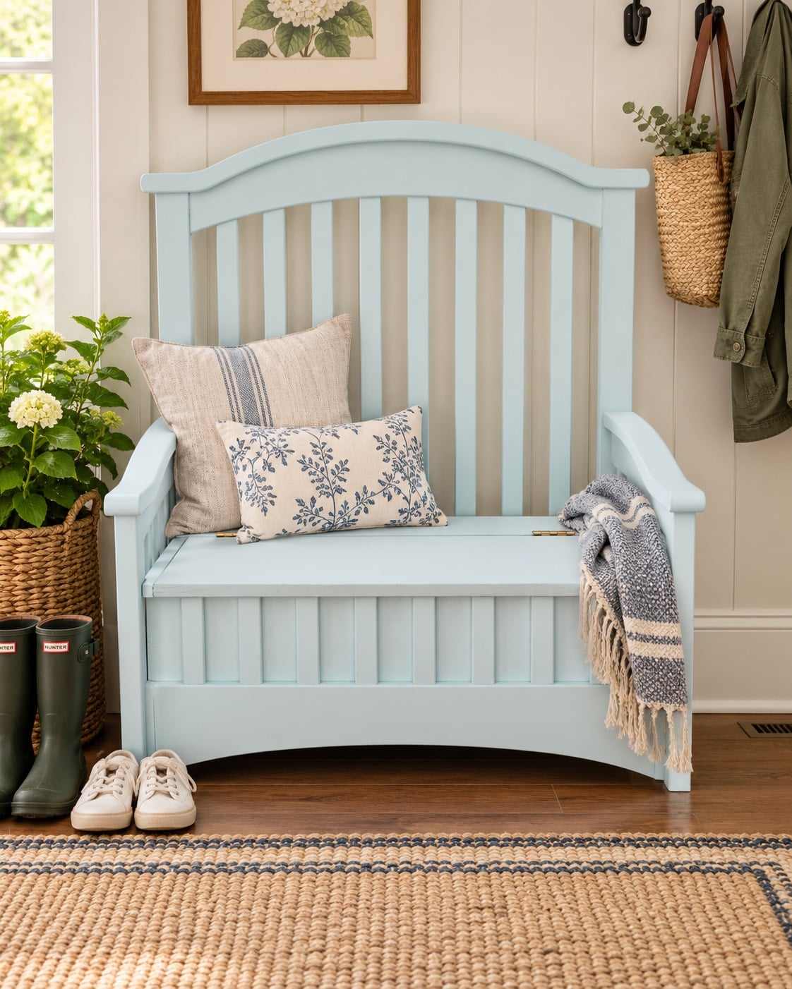 green entry way bench with storage