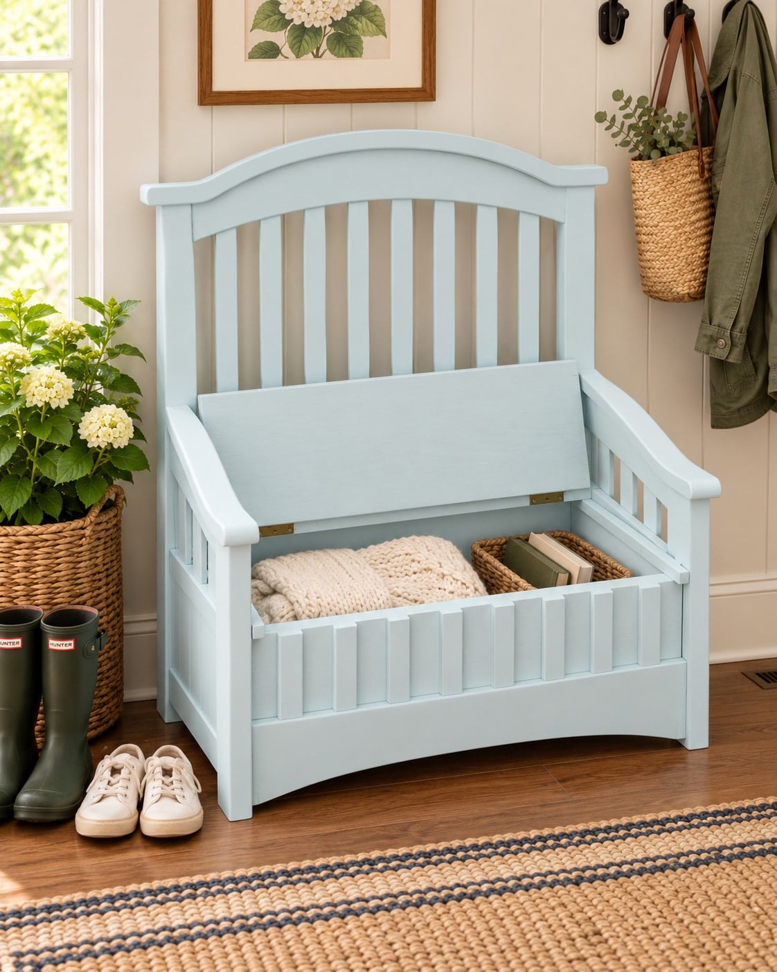 green entry way bench with the lid open
