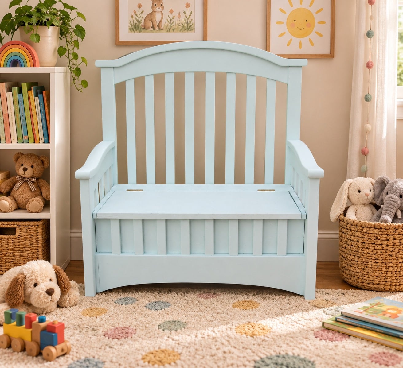 green toy box bench made from a crib