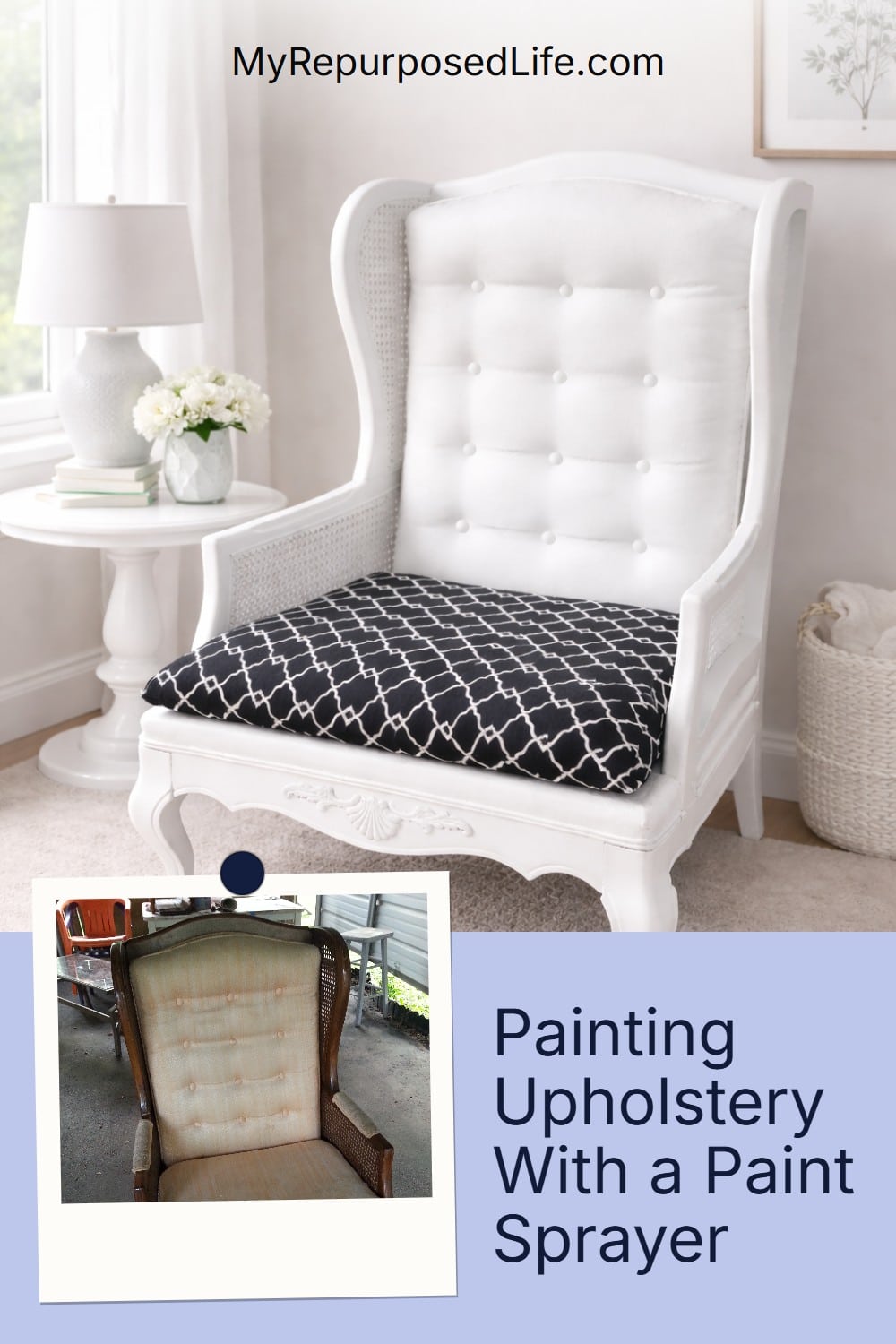 A five dollar yard sale chair gets a new chance using a paint sprayer and paint. Don't throw it out, update it. via @repurposedlife