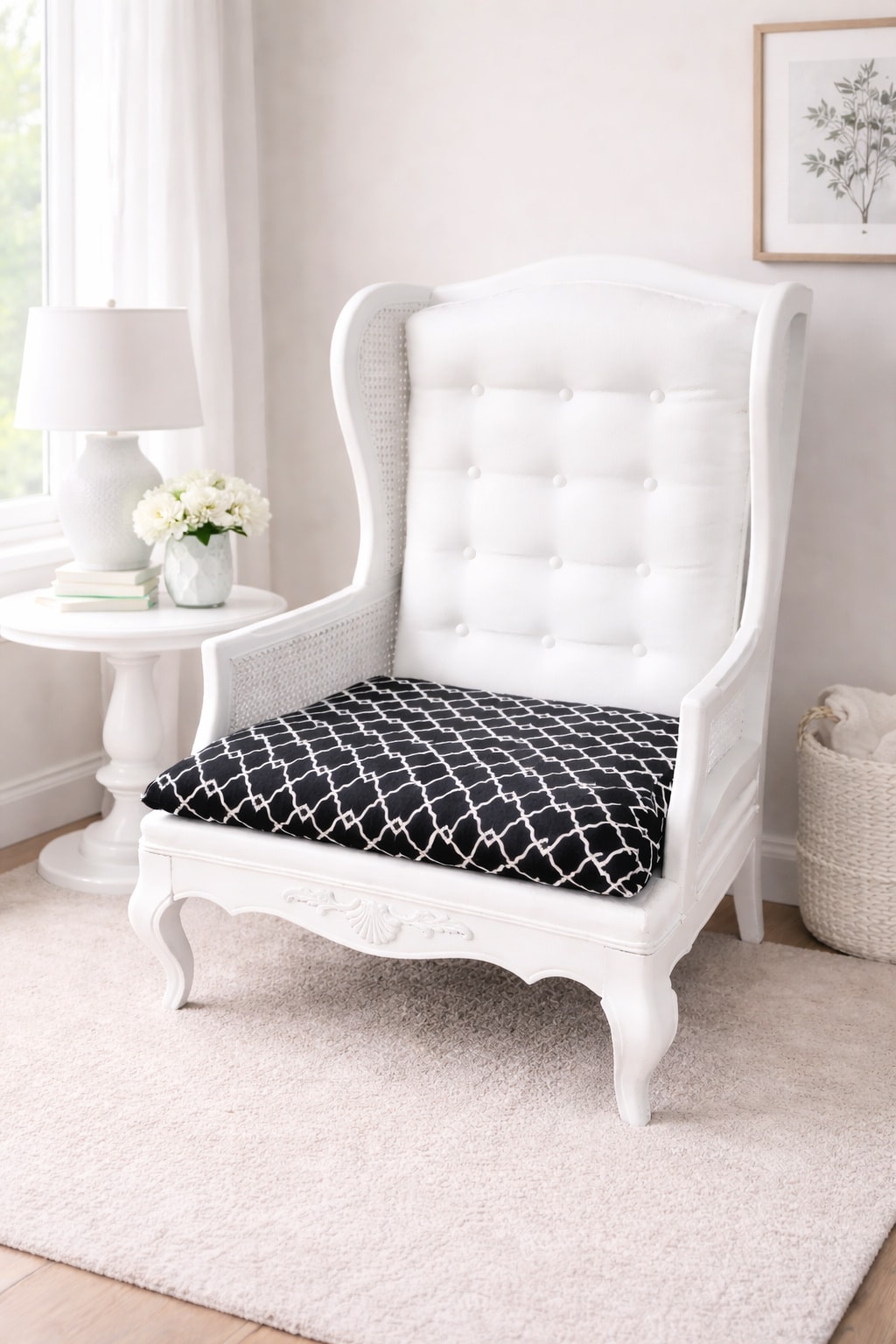 vintage cane wing chair upholstery refreshed with a paint sprayer