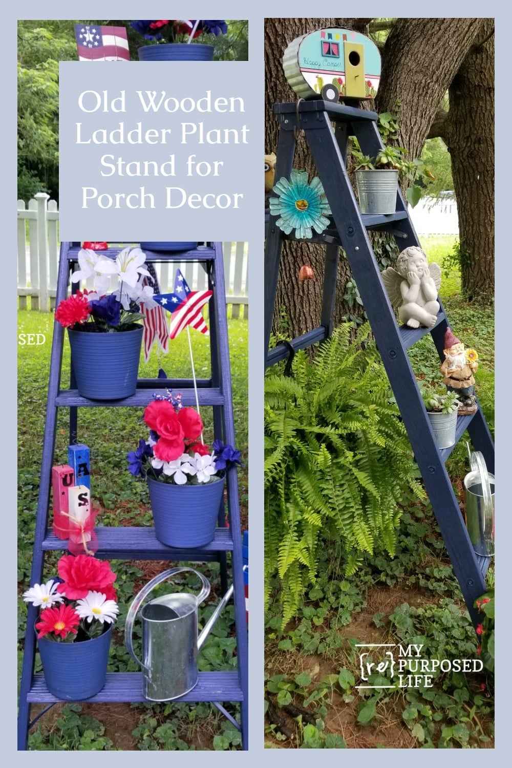 An old ladder with fresh paint and fun decor is a perfect way to add color to your porch, patio, or garden. Change it up several times during the summer, always a fresh look. #myrepurposedlife #upcycle #ladder #garden #decor #4thofJuly #patriotic via @repurposedlife