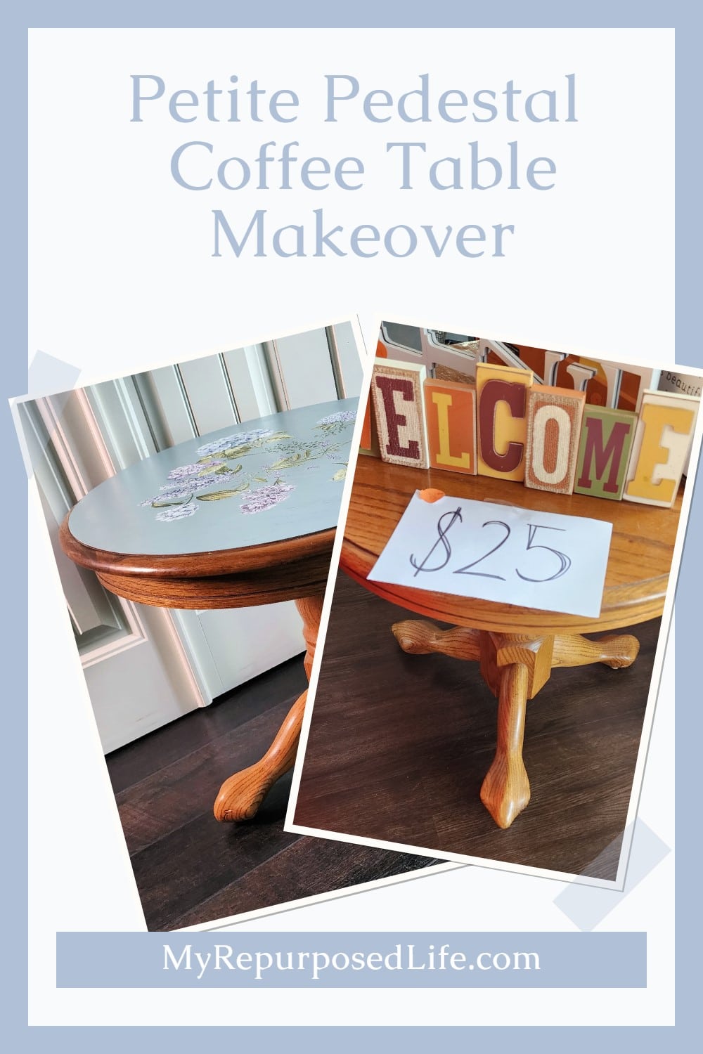 A bargain pedestal coffee table gets a new look with an easy makeover and rub-on-furniture transfers. More Furniture Fixer Upper projects included in this article. via @repurposedlife