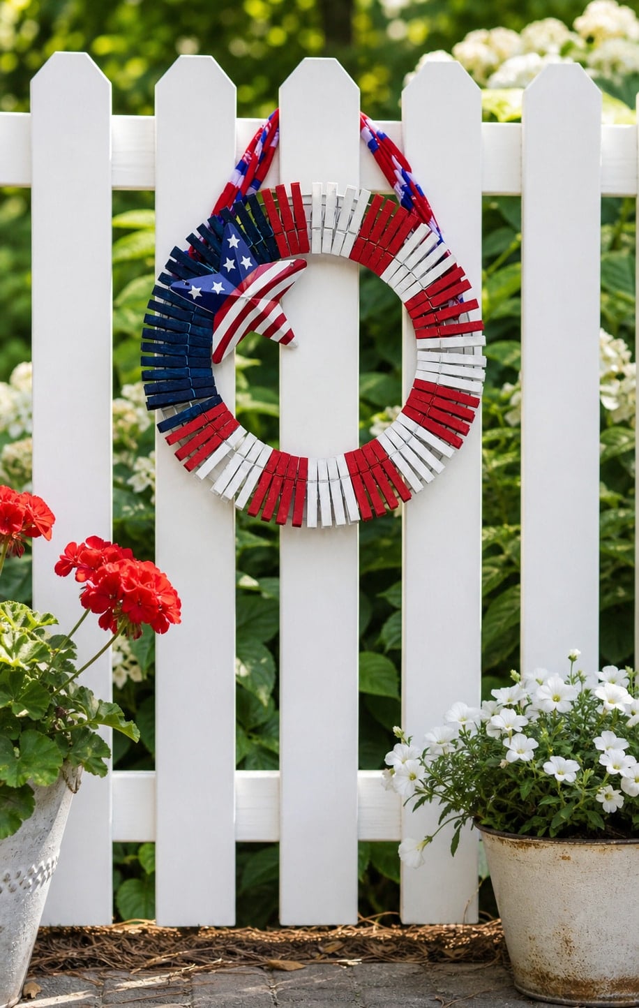 red white and blue clothespin wreath hanging on a fence with pretty flowers