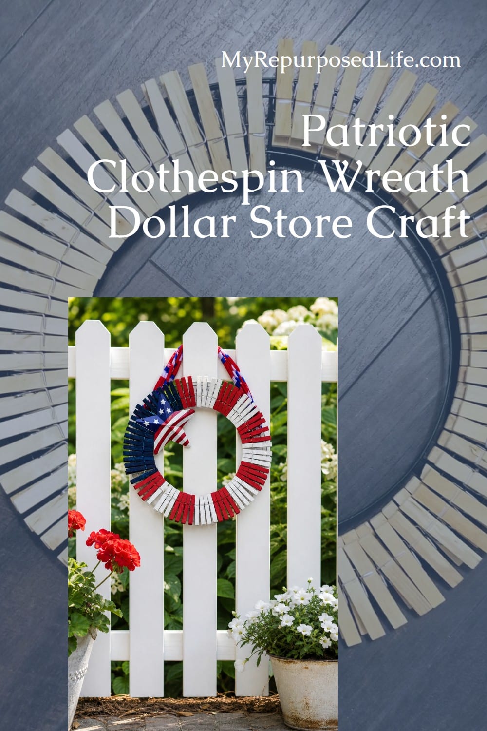 How to make a patriotic clothespin wreath using items from the dollar store. Easy way to paint wooden clothespins to make your own wreath, step by step. #MyRepurposedLife #dollarstorecrafts #4thofJuly #patrioticdecor via @repurposedlife