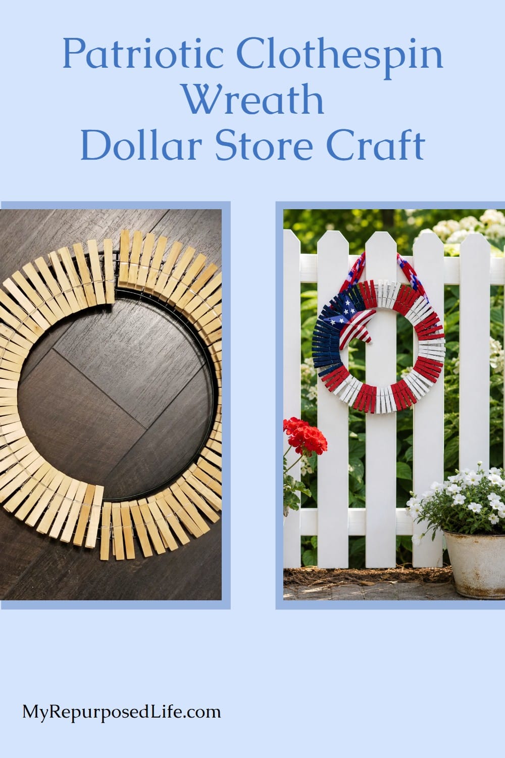 How to make a patriotic clothespin wreath using items from the dollar store. Easy way to paint wooden clothespins to make your own wreath, step by step. #MyRepurposedLife #dollarstorecrafts #4thofJuly #patrioticdecor via @repurposedlife