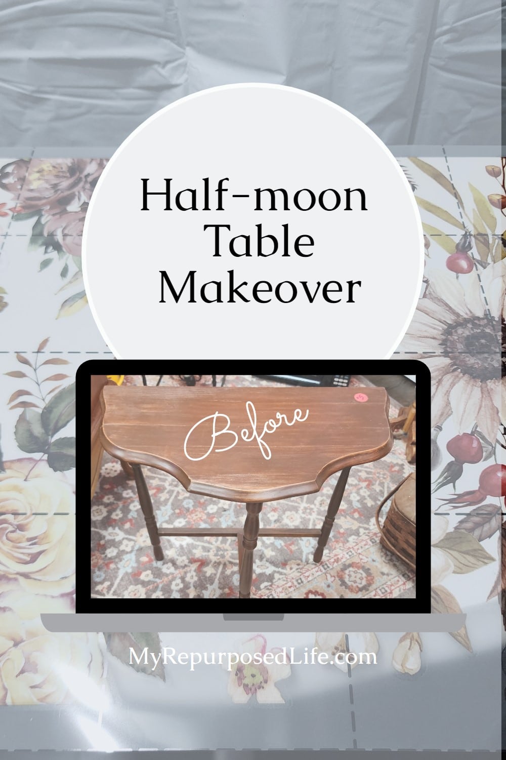 A $5 thrift store half-moon table is updated with fresh paint and a furniture rub-on transfer. via @repurposedlife