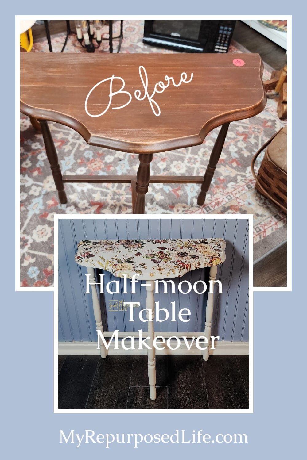 A $5 thrift store half-moon table is updated with fresh paint and a furniture rub-on transfer. via @repurposedlife